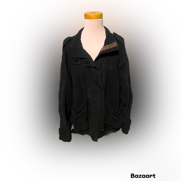 Free People Jayde Safari Jacket Black Long Sleeve Linen Women's Sz Med - Picture 5 of 14